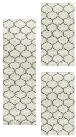Carpetsale24 Bettumrandung Schlafzimmer 3 teilig Shaggy Hochflor Teppich Creme Bettvorleger Schlafzimmer Bettset: 2 St. 60x110 cm | 1 St. 80x150 cm - Flauschiger Teppich Läufer Set Skandinavisch