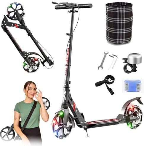 GHBXJX City Roller Erwachsene LED Big Wheel Scooter, Klappbar Cityroller mit Handbremse, Tretroller Kinder ab 8 Jahre Mädchen Jungen Teenager, Kickscooter Kinder Scooter Cityroller,Schwarz