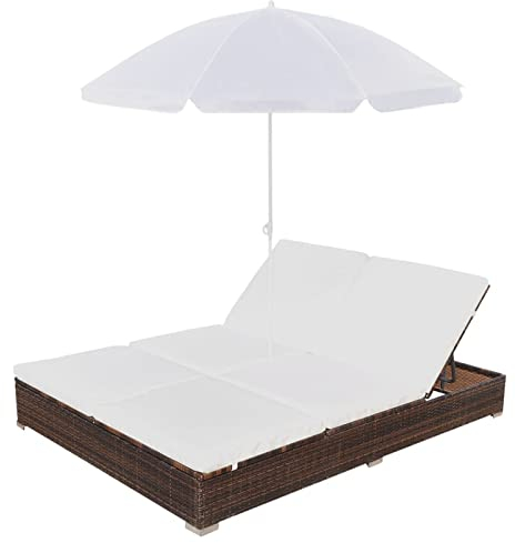 Homgoday Outdoor-Loungebett mit Sonnenschirm Doppelliege Gartenliege Relaxliege Sonnenbett Gartenbett Sonneninsel Liege Liegestuhl Gartenmöbel Rattanmöbel Poly Rattan Braun