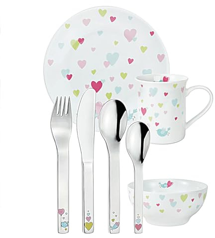 Kindergeschirr Set mit Namensgravur Puresigns - Cora - Vogel, Herzen - 7-teilig eigener Gravur/Namen auf Besteck (Gravur möglich)