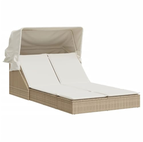 vidaXL Sonnenliege, Doppelliege mit Dach Auflagen, Gartenliege Verstellbare Rückenlehne, Relaxliege Liege Gartenmöbel, Beige Poly Rattan
