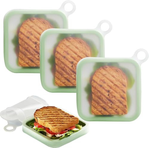EHOTER Silicone Sandwich Container Lunch Boxes 2024 Food Storage Containers with Lids, Meal Prep Reusable Bag BPA Free Bento Box Microwave, Freezer & Dishwasher Safe (3pcs Green)