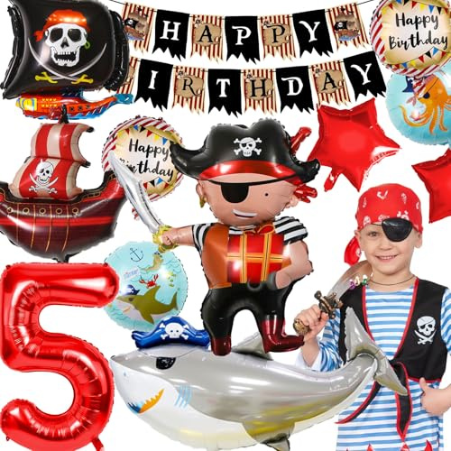 YianHien Piraten Deko Kindergeburtstag für 5 Jahre Junge, Kindergeburtstag Piratenparty Luftballons Deko Set, Piraten Geburtstag Deko mit Banner & Zahlenballons, XXL Piratenschif Folienballons