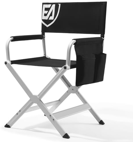 EVER ADVANCED Aluminum Directors Chair, Folding Studio Movie Chairs Camping Event Vendor Chair, 19 Seat Height Black Fabric/White Frame, Support 350lbs