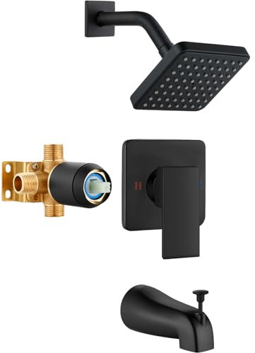 Heyalan Shower Faucet Set with Tub Spout Shower Trim Kit and Single-Handle Set, Shower Valve Included, Bathtub Faucet Set,4 Inch ABS Square Shower Head,Matte Black