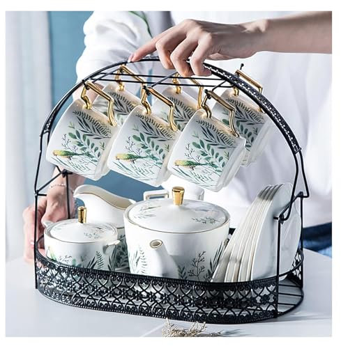 YTBHSHXZ Juegos de té， Juego de té for Adultos Juego de té de Porcelana inglés Vintage de 15 Piezas Juego de Taza y platillo de café con Soporte de Metal Loro y Plantas Verdes Tetera de café