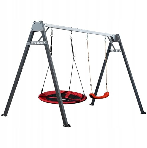 Potenza Altalena da giardino doppia in acciaio zincato a caldo 250×207 cm con altalena nido e seggiolino a tavoletta – struttura robusta 200 kg per bambini e adulti, Set Rosso