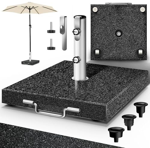 tillvex® Base per Ombrellone da Giardino in Granito, Quadrata - 27 kg, con Tubo in Acciaio Inox, Supporto per ombrellone da Balcone da 16 a 48 mm e 300 cm di Diametro + Maniglia per Il Trasporto