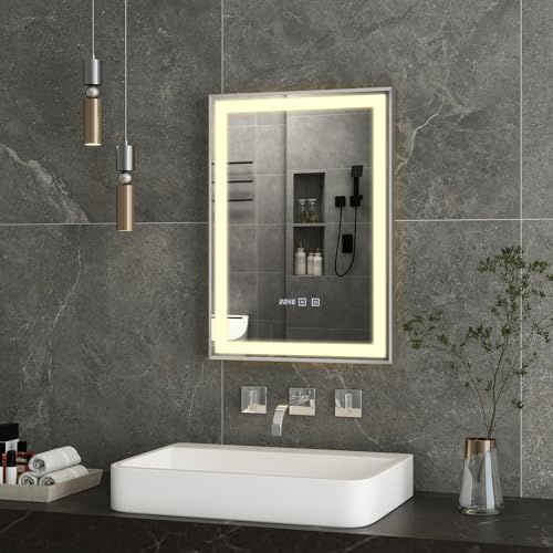 YOURLITE Spiegel mit Beleuchtung, 70x50cm, Badspiegel mit Beleuchtung Touch-Schalter, LED Spiegel mit Uhr 3 Lichtfarben Dimmbar, Beschlagfrei, Badezimmerspiegel Wandspiegel, Speicherfunktion, Silber