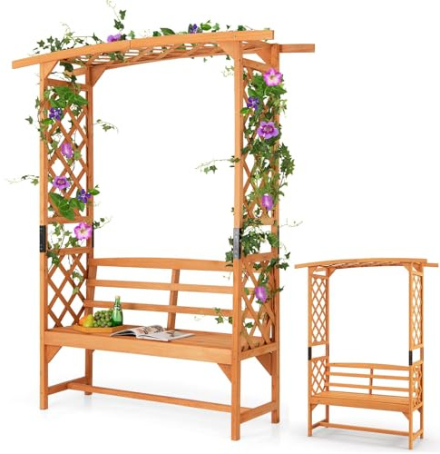 RELAX4LIFE Arche de Jardin avec Banc 2 Places et Treillis Latéral Supérieur pour Plantes Grimpantes, Arceau avec Banc de Jardin Décoratif Extérieur, pour Jardin Terrasse Patio (M | 160x50x199cm)