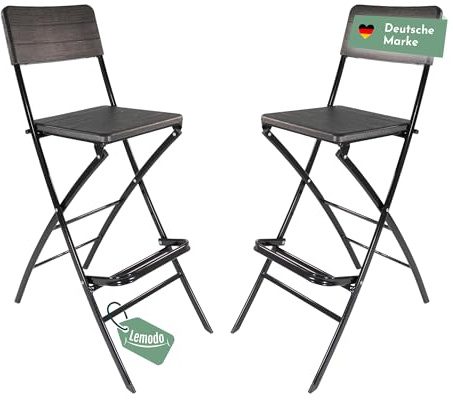 LEMODO Barhocker 2er Set, Holz-Optik schwarz, Klappbarer Barstuhl mit Fußstütze, Küchenhocker bis 120 kg belastbar, Bar Hocker mit Lehne und Sitzfläche aus Kunststoff, stabiler Barstuhl und Messestuhl