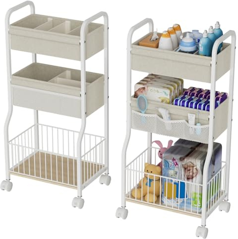 NEYCIL 3-tier Baby Diaper Caddy Organizer and Storage Cart with 4+3 Dividers, Metal Utility Cart with Lockable Wheels for Nursery, Bedroom, Bathroom, White