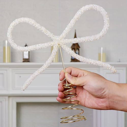 Christmas Tree Topper Bow, Heavy White Glass Rhinestone Bow Tree Topper Christmas Decor Electroplating Christmas Topper Bow Ornaments for Xmas Tree Decoration Holiday Home Party Supplies (White)