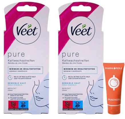 Veet PURE Kaltwachsstreifen Gesicht 2x 20 Stk. I Für sensible Haut I Sanfte & effektive Haarentfernung I Bis zu 28 Tage glatte Haut I Ohne Reiben & Erhitzen I Spar-Set plus Pharma Perle give-away