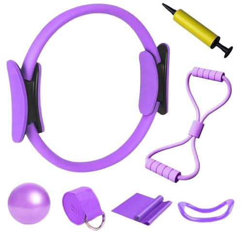 Gykutix 7 Piezas Kit Pilates en Casa, Aro Pilates Mujer Cintas Elásticas Bomba De Aire, Musculación Pilates Essential Kit para Ejercicios de Pilates, Yoga,Gimnasia(Morado)