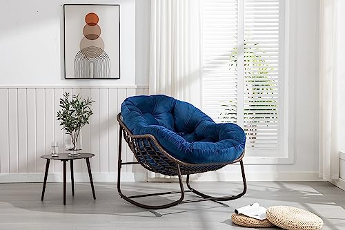 Generisk överdimensionerad utomhusgungstol XXL med stoppning – handflätad rotting fåtölj för terrass, trädgård och vardagsrum, ergonomisk design, 113 kg lastkapacitet, marinblå
