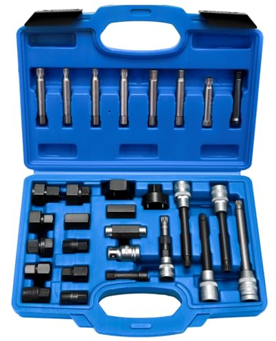 FreeTec 30 delar generatorer frihjulsverktygssats, 1/2 tum 3/8 tum drivmaskiner, verktygssats, universal generatorfrihjulsverktyg, frihjul, hylsnyckel med 33 tänder för VW Ford Audi Fiat