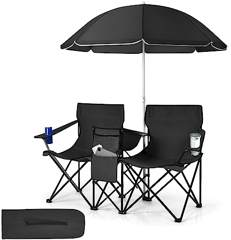 SPOTRAVEL Double Camping Chair, Folding Loveseat Chairs with Umbrella, Ice Bag, Cup Holders & Carry Bag, Outdoor Portable Leisure Lover Chairs Set for Beach Picnic Travel Fishing (Dark)