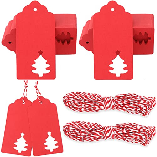 G2PLUS 100 Stück Rot Weihnachten Geschenkanhänger mit Rot Schnur, 5x10cm