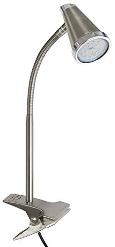 Trango 6612 LED Klemmleuchte I Tischlampe I Leseleuchte I Clip Lampe im Edelstahl-Optik mit Deko-Ring, Klemmspot I Nachtlicht I Schreibtischlampe inkl. 1x 5 Watt GU10 3000K warmweiß LED Leuchtmittel