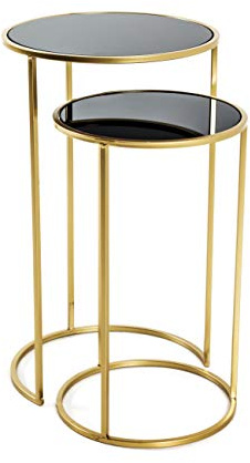 HAKU Sidobord set om 2 guld, svart, Metall, säkerhetsglas - Storlek: H 50/60 cm x Ø 30/35 cm, Stil: Glam