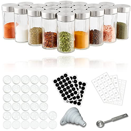 Kesign 20er Gewürzgläser Set - mit hochwertigem Edelstahldeckel - Gewürzdosen rund incl. Etiketten, Streueinsatz, Trichter und Edelstahllöffel für Gewürze - Perfekte Aufbewahrung für die Küche