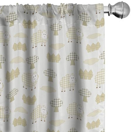 ABAKUHAUS Schaf Vorhänge, Gardinen, Bauernhof Sheeps Bäume Zäune, Fensterbehandlungen für Wohnzimmer Schlafzimmer Dekor, 2 Stück 75 cm b x 175 cm h, Weiß Khaki Elfenbein