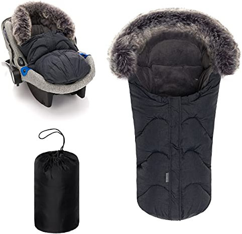 Zamboo Fußsack für Babyschale/Kinderwagen Babywanne - Baby Winterfußsack Universal für 3-Punkt und 5-Punkt-Gurt mit Fell Kragen, Kapuze und Fleece Futter - Grau