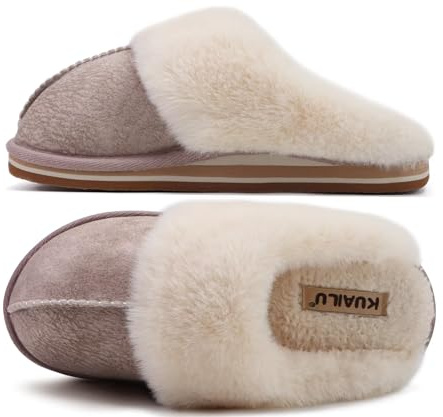 KuaiLu Chausson Femme Hiver Peluche Fourrure Chaud Pantoufles Doublure Peluche Charentaise Confort Voute Plantaire Memory Foam Slippers Antidérapant Semelle Beige 39