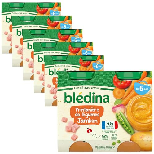 Blédina - Petits pots pour bébé - Printanière de légumes Jambon - 70% d'ingrédients Français - Dès 6 mois - 12 pots de 200g