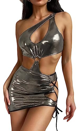 Women's Sexy One Shoulder Metallic Swimsuit 2 Piece O Ring Cutout Bodysuit Festival Outfit with Drawstring Mini Skirt
