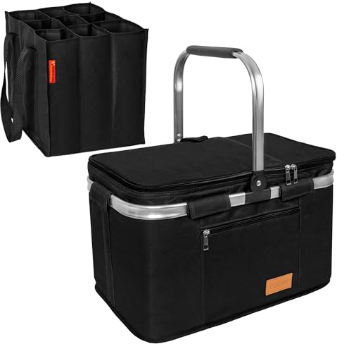 Einkaufskorb faltbar 35L + Flaschentasche 9 Fächer bis zu 1,5L Flaschen | Set Kühltasche groß isoliert & wasserdicht + Flaschenkorb: Lunchtasche Flaschenträger Thermotasche Bottle Bag (Schwarz)