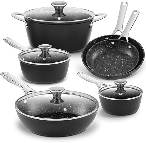 BEZIA Set di pentole e padelle antiaderenti, set di padelle per piano cottura a induzione, 10 pezzi, set da cucina con padelle, adatto a tutti i fornelli, nero, F9102-Black