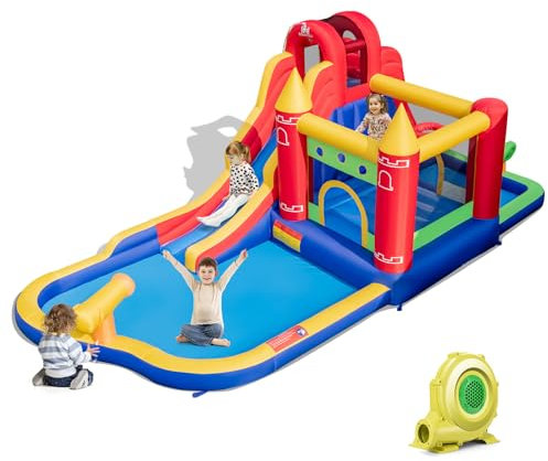 COSTWAY Castillo Hinchable Grande, 7 en 1 Castillo Hinchable Acuatico, Seco y Agua, Castillo Hinchable para Niños 3-10 Años, Insuflavel Criança Interior Exterior, con soplador, 624 x 270 x 235 cm