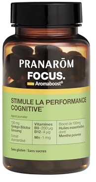 Pranarôm Aromaboost Focus Complément Alimentaire 60 Capsules | Ginkgo, ginseng et sauge à feuilles de lavande pour soutenir mémoire et concentration. Sans gluten. Sans lactose.