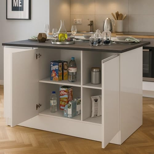 Dmora - Isola da cucina Patrizio, Armadio multiuso, Mobile per cucinotto, Tavolo ausiliario, 100% Made in Italy, 155x90h90 cm, Bianco lucido e Ardesia