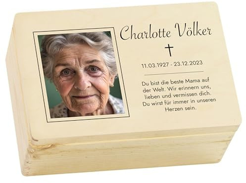 LAUBLUST Trauer Erinnerungsbox - Trauerkiste Personalisiert mit Name, Wunschtext oder Foto | Erinnerungsbox Verstorbene - Holzkiste Natur, FSC® (Erinnerung Motiv, ca. 30 x 20 x 14 cm | M)