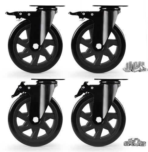 Caster Wheels, Heavy Duty 150mm Casters Set of 4, Locking Swivel Casters Wheels for Cart, Furniture and Workbench, Black
