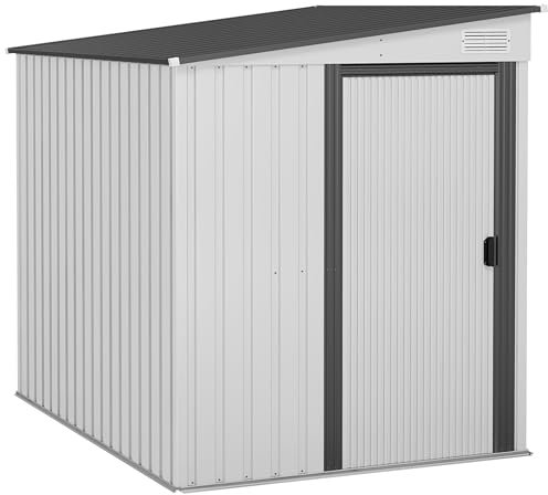 Outsunny 7 x 5FT Galvanised Metal Garden Shed with Foundation, Lean to Shed, Tool Storage House with Sliding Doors, 2 Vents, Adjustable Shelves and Hooks, White