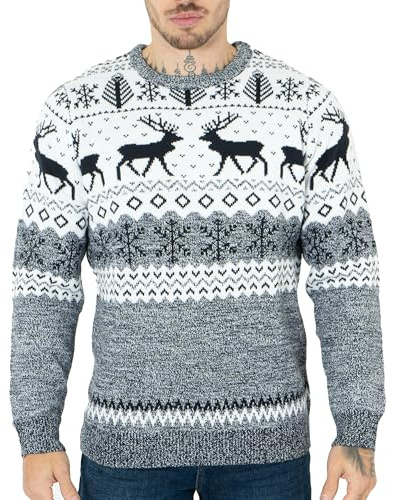 NOROZE Christmas Men's Jumpers | Nordic Style Knitted Lightweight Reindeer Printed Jumper | Crew Neck Long Sleeve Pullover Top | Christmas Jumper Xmas Jumper Sweaters for Men Cream