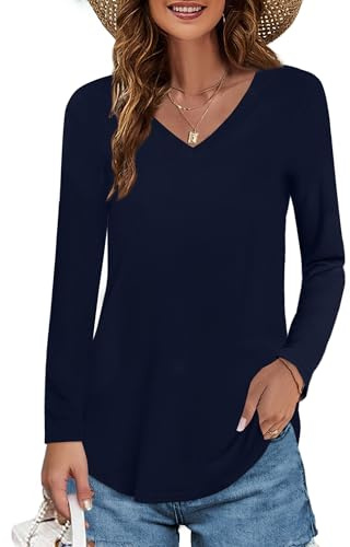 Elesomo T-shirts pour femme en coton à manches courtes/longues - Longshirt à col en V, M