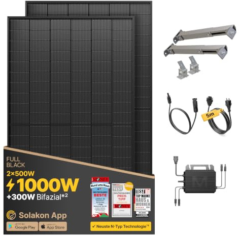 Solakon® 1000W Balkonkraftwerk mit Halterung (Gartenhaus) - 800W komplett Steckdose - neuester 800 Watt Wechselrichter - Solaranlage Komplettset - 500W bifaziale Solarmodule inkl. Zubehör
