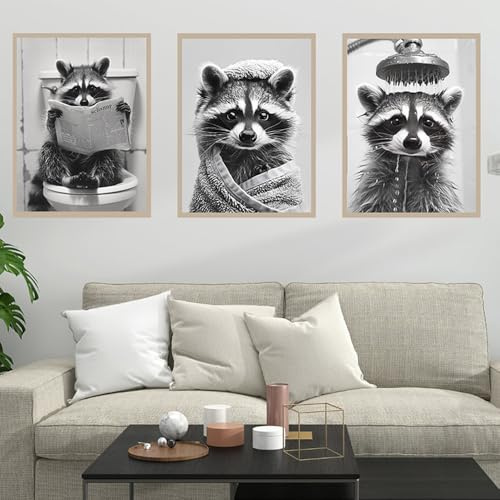 Lustiges Tierposter – 3 Poster schwarz und weiß für Toilette und Badezimmer – lustiges Bild WC 30 x 40 cm – Bild Humor auf Leinwand – Wanddekoration