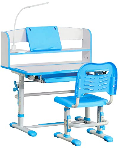 HOMCOM Juego de Escritorio y Silla Ajustable en Altura para niños de 6 a 12 años, Escritorio Escolar con Tablero inclinable 45°, lámpara, cajón, Estante, portalápices y Atril, Acero y MDF, Azul Claro