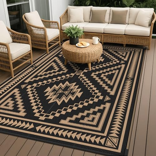 GENIMO Tappeto da Esterno,Tappeto Per Esterno Impermeabili Eeversibili Lavabili, Antipioggia per Terrazze,Giardini,Camper,Picnic,Balcone,Losanga Nero Marrone,150x240 cm