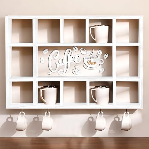 Cinnvoice Übergroße Kaffeetassen-Ausstellungsregal für Wand, altweiß | Holz-Kaffeetassenregal, Wandregal, Würfel, Tassenhaken, Aufhänger, Barschild-Dekoration, Küchenstation, Barzubehör