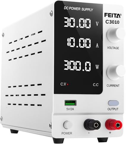 FEITA DC Power Supply Variable, 30V 10A Adjustable Switching Regulated Bench Lab Power Supplies with Encoder Coarse & Fine Adjustments Knob, 5V/2A USB Quick-Charge, Output Overcurrent Protection
