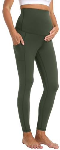 Gowjog Leggings de Maternidad Térmicos de Cintura Alta Opacos y Elásticos con Bolsillos para Yoga Deporte e Invierno Verde M