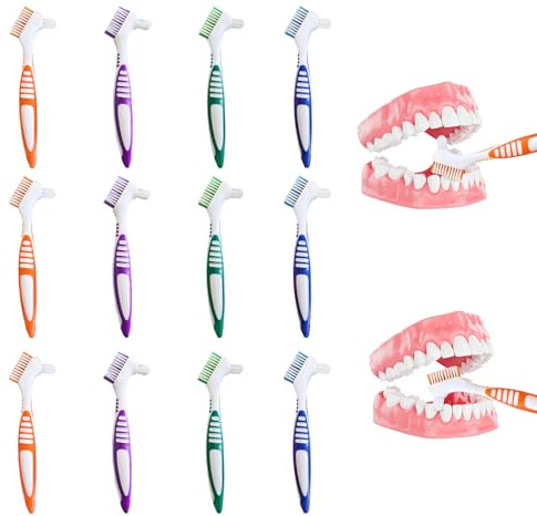 Lot de 12 brosses à dents pour prothèses avec poils durs multicouches double face, poignée ergonomique antidérapante, nettoyage de prothèses dentaires en 4 couleurs