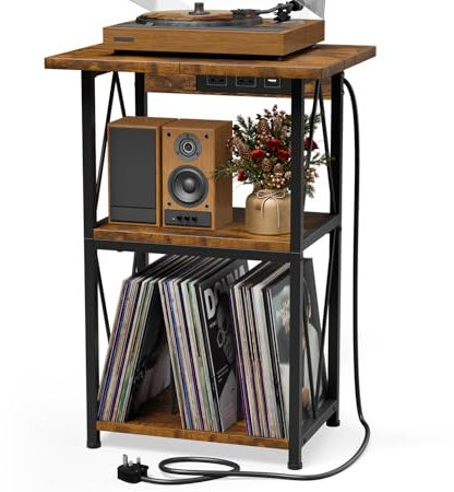 HFHOME Soporte para tocadiscos de mesa extendido mejorado 2025 con estación de carga, mesa auxiliar de 3 niveles con almacenamiento de discos de vinilo, soporte para tocadiscos para reproductor de